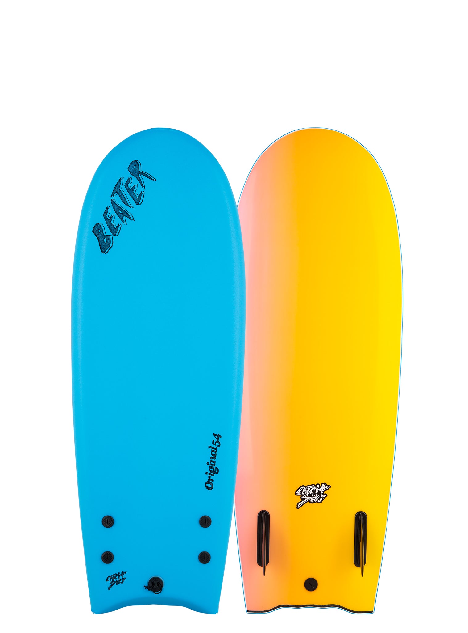Blue and orange surfboards with 'Bentley' branding background