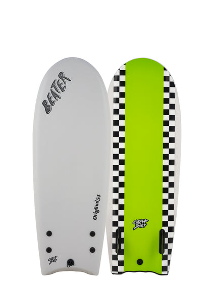 Two sides of a surfboard with checkered pattern and lime green stripe 