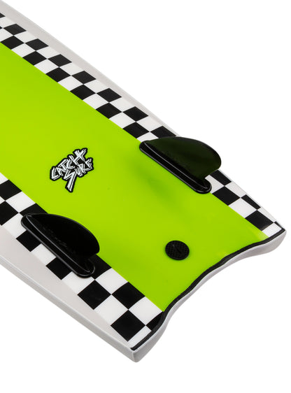 Green and black checkered object with a logo