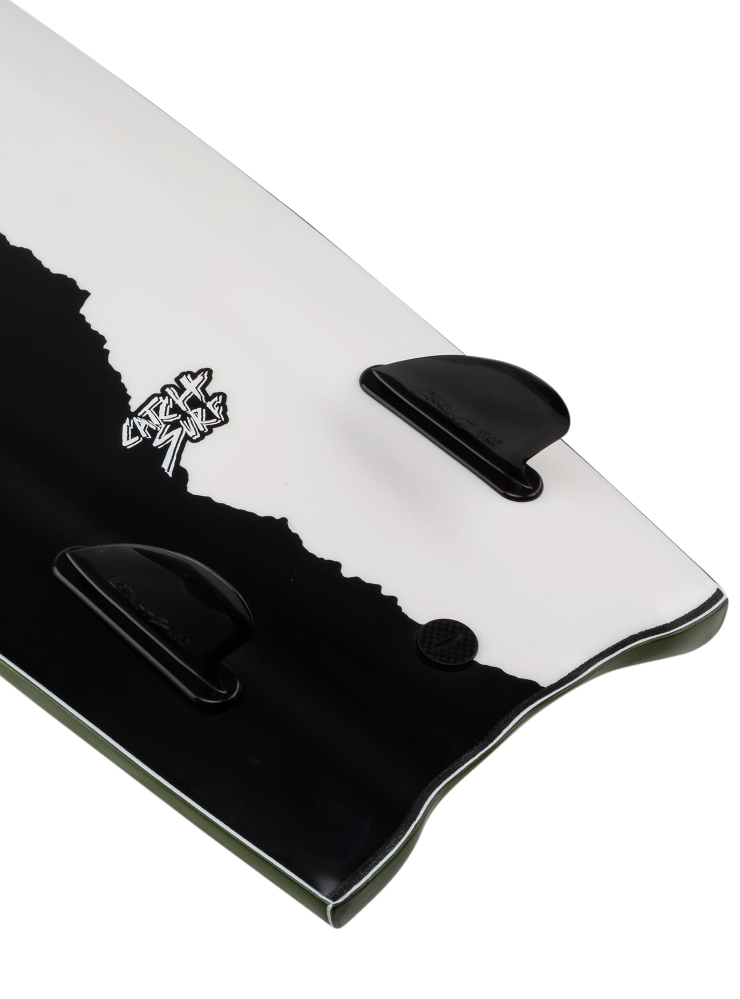 Close-up of a black and white surfboard with a logo