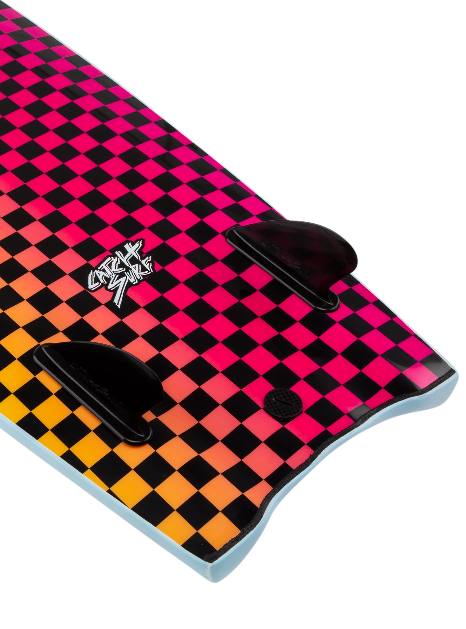 Checkered pink and black surfboard with a logo