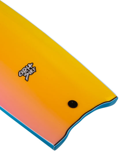 Close-up of a gradient surfboard with a logo on a white background