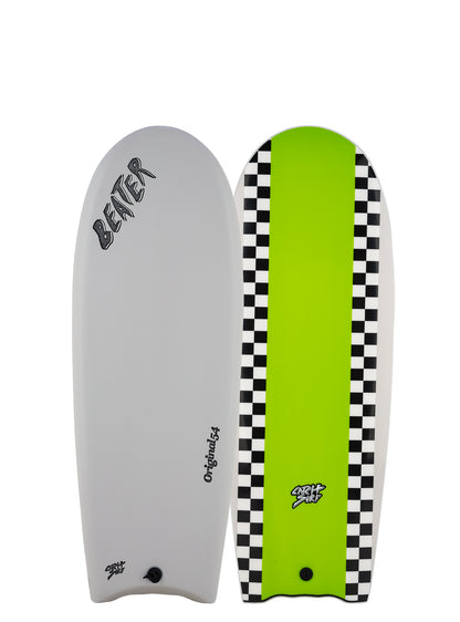 Two surfboards, one gray and one green with checkered pattern