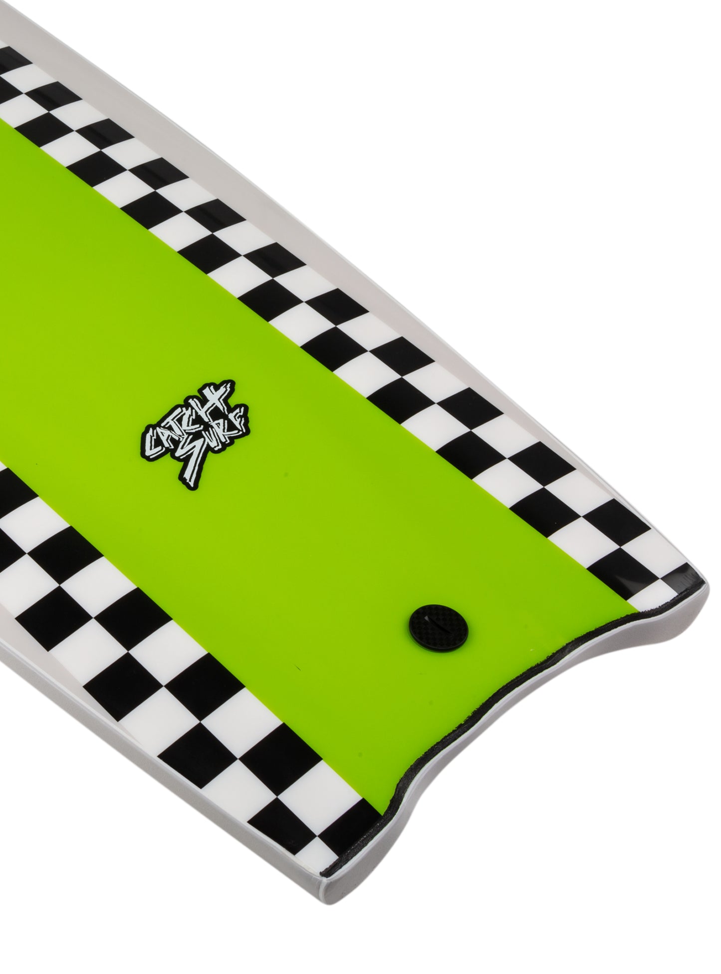 Green skateboard deck with black and white checkered pattern 