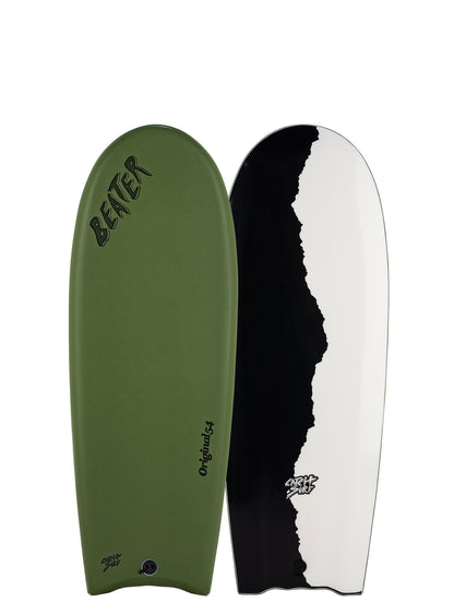 Two bodyboards, one green and one black and white