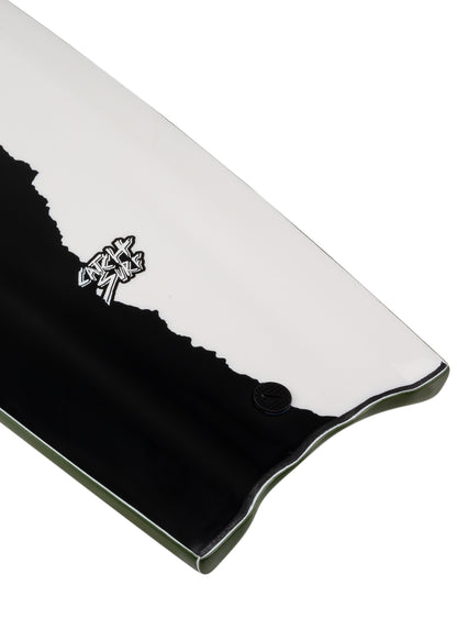 Close-up of a black and white surfboard with a logo