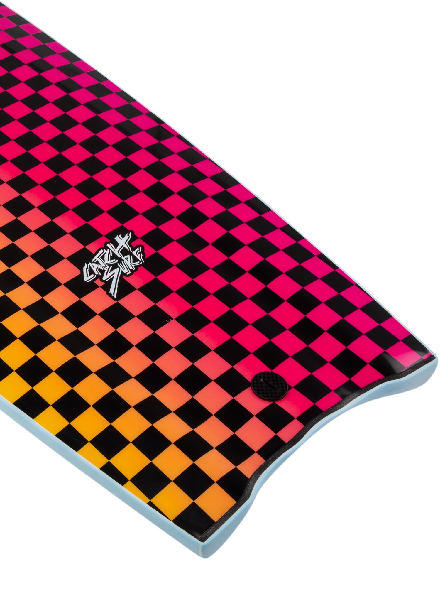 Checkered skateboard deck with a logo on a white background