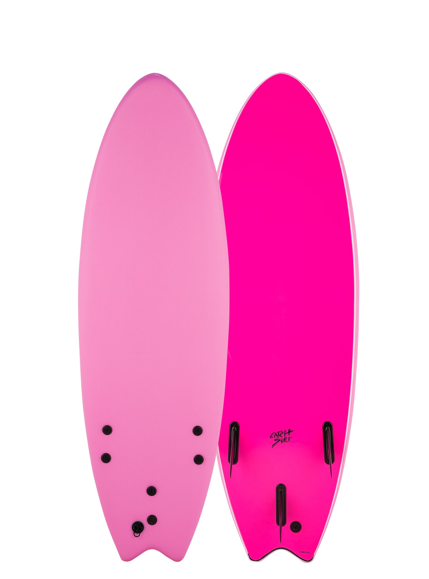 Two pink surfboards side by side on a white background