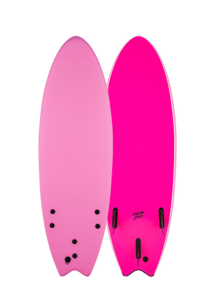 Two pink surfboards side by side on a white background