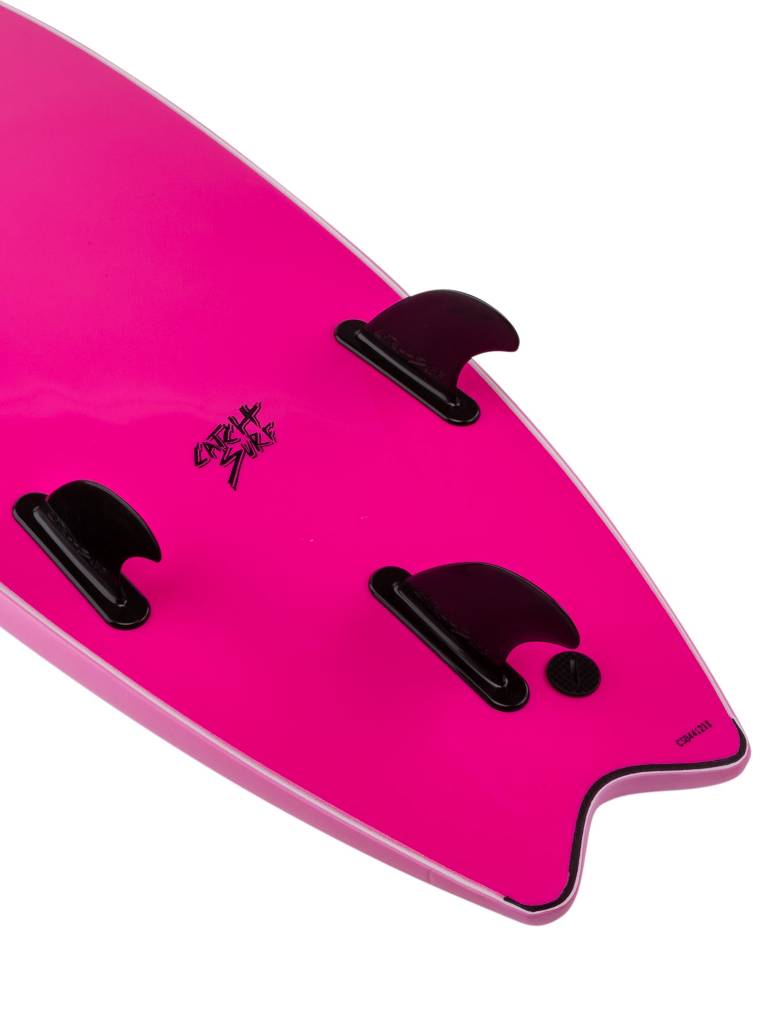 Close-up of a pink bodyboard with black fins on a white background