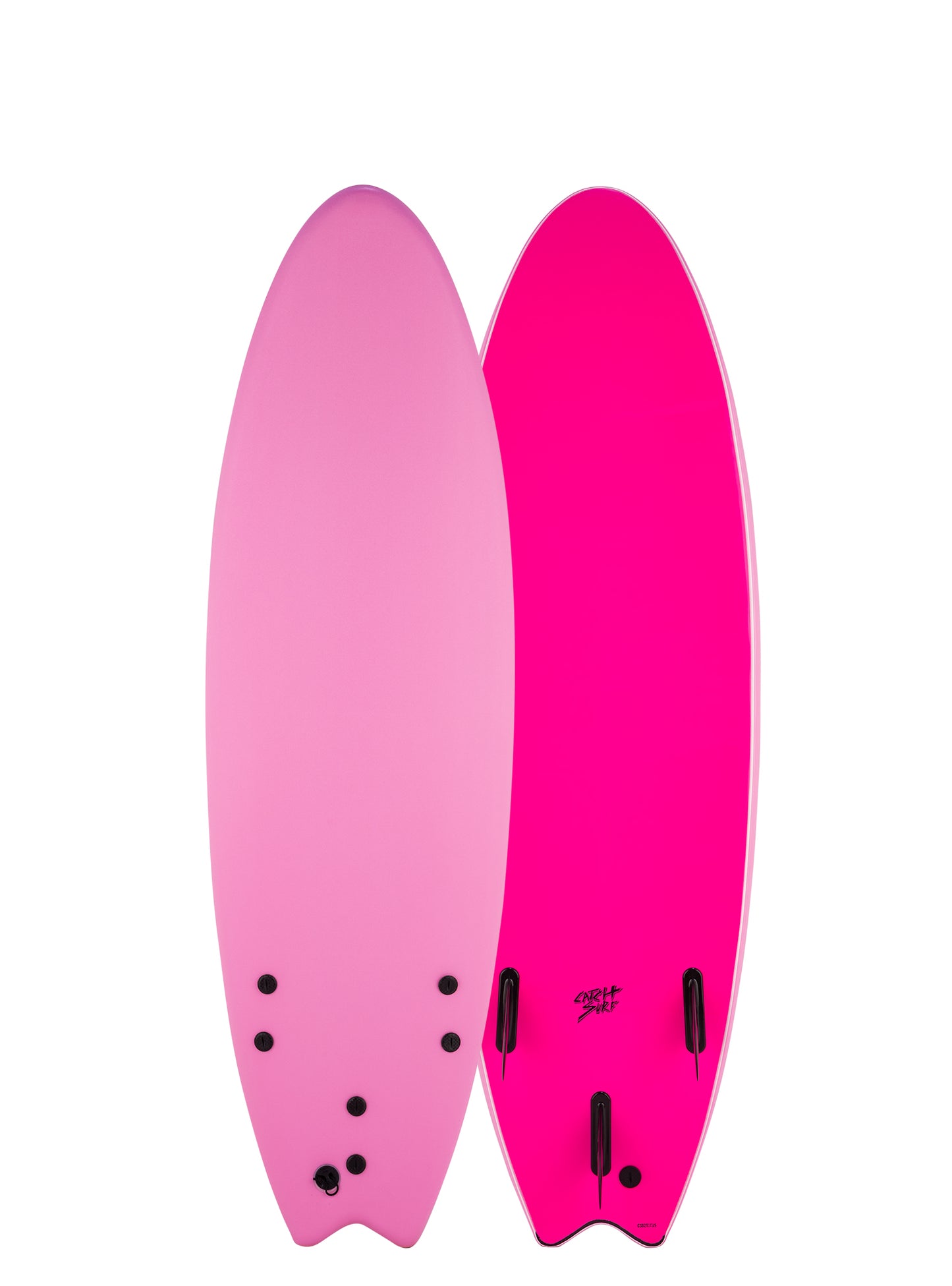 Two pink surfboards, one with a white logo