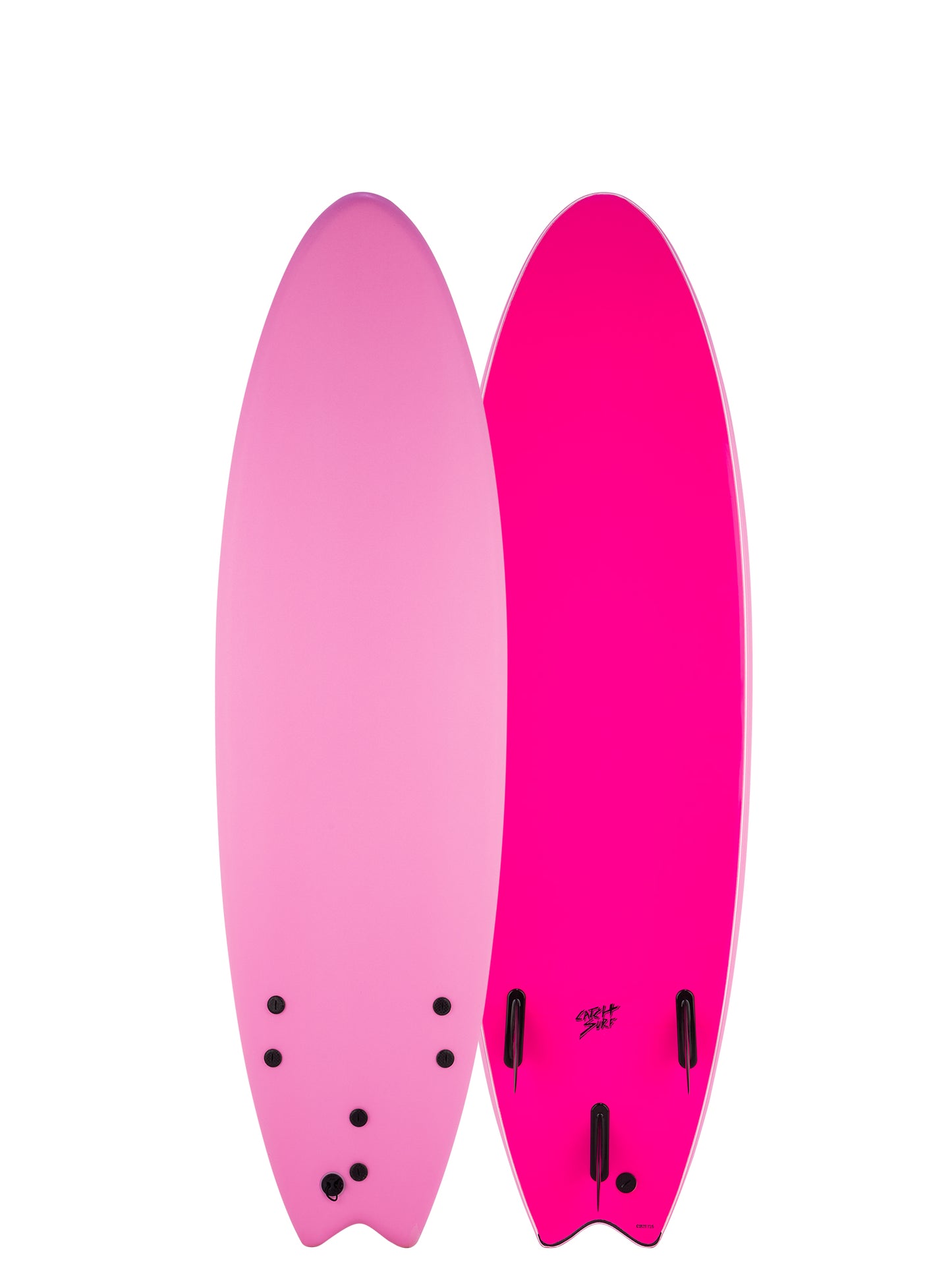 Two pink surfboards, one with a gradient and the other solid, =