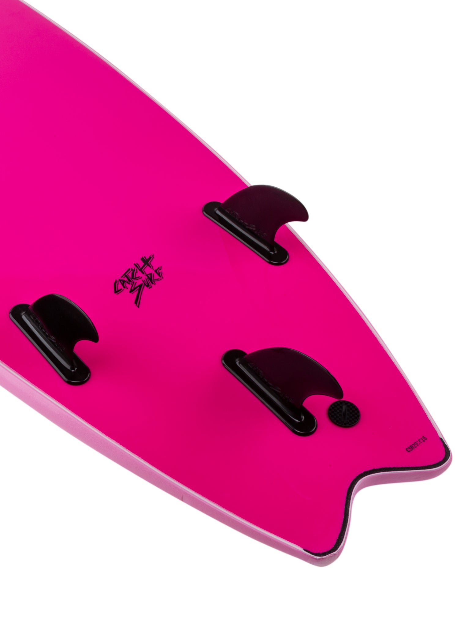 Close-up of a pink bodyboard with black fins 