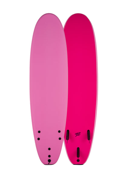 Two pink surfboards with black dots on a white background