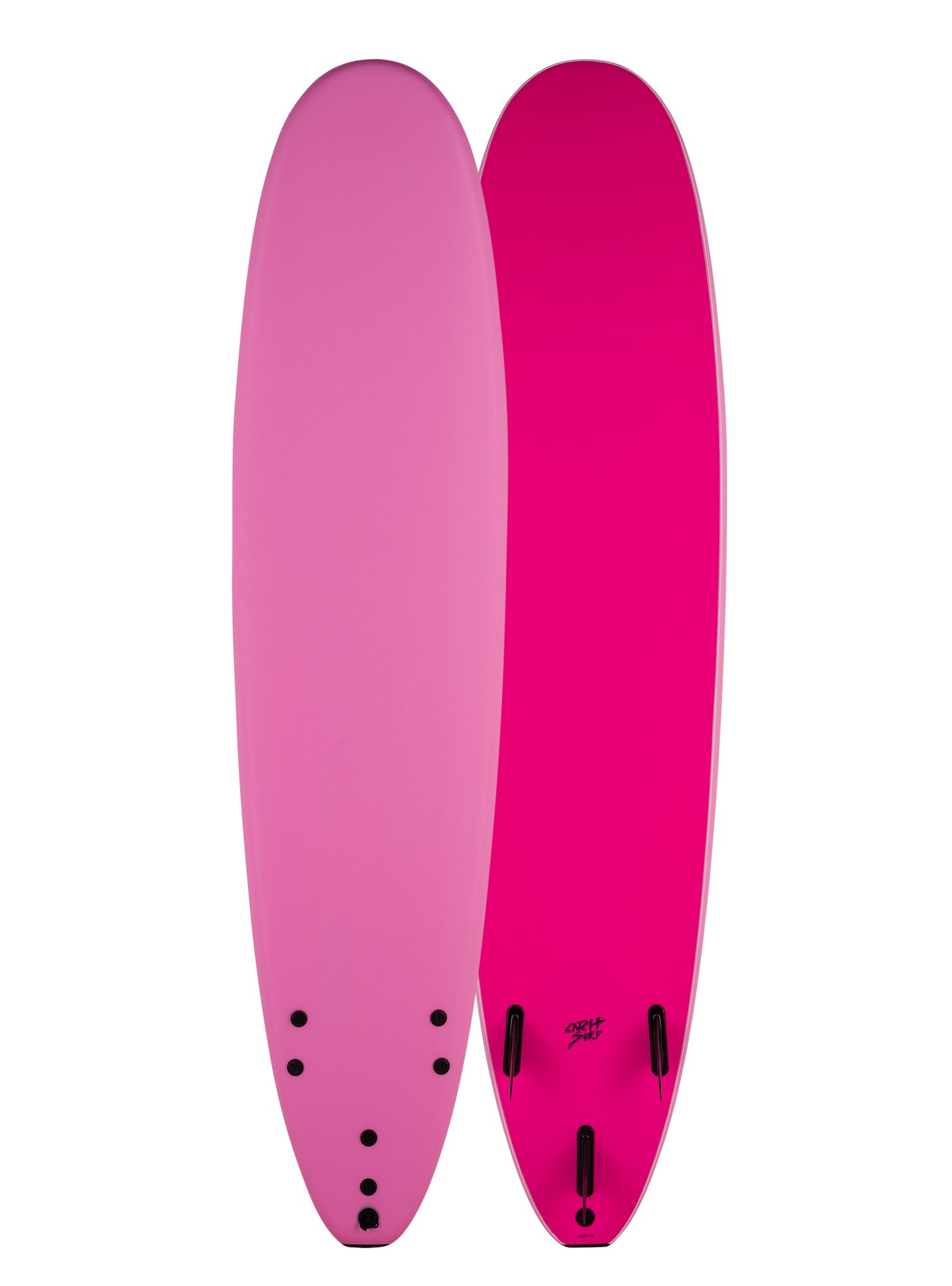 Two pink surfboards with black dot patterns 
