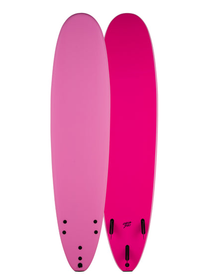 Two pink surfboards with black dot patterns 