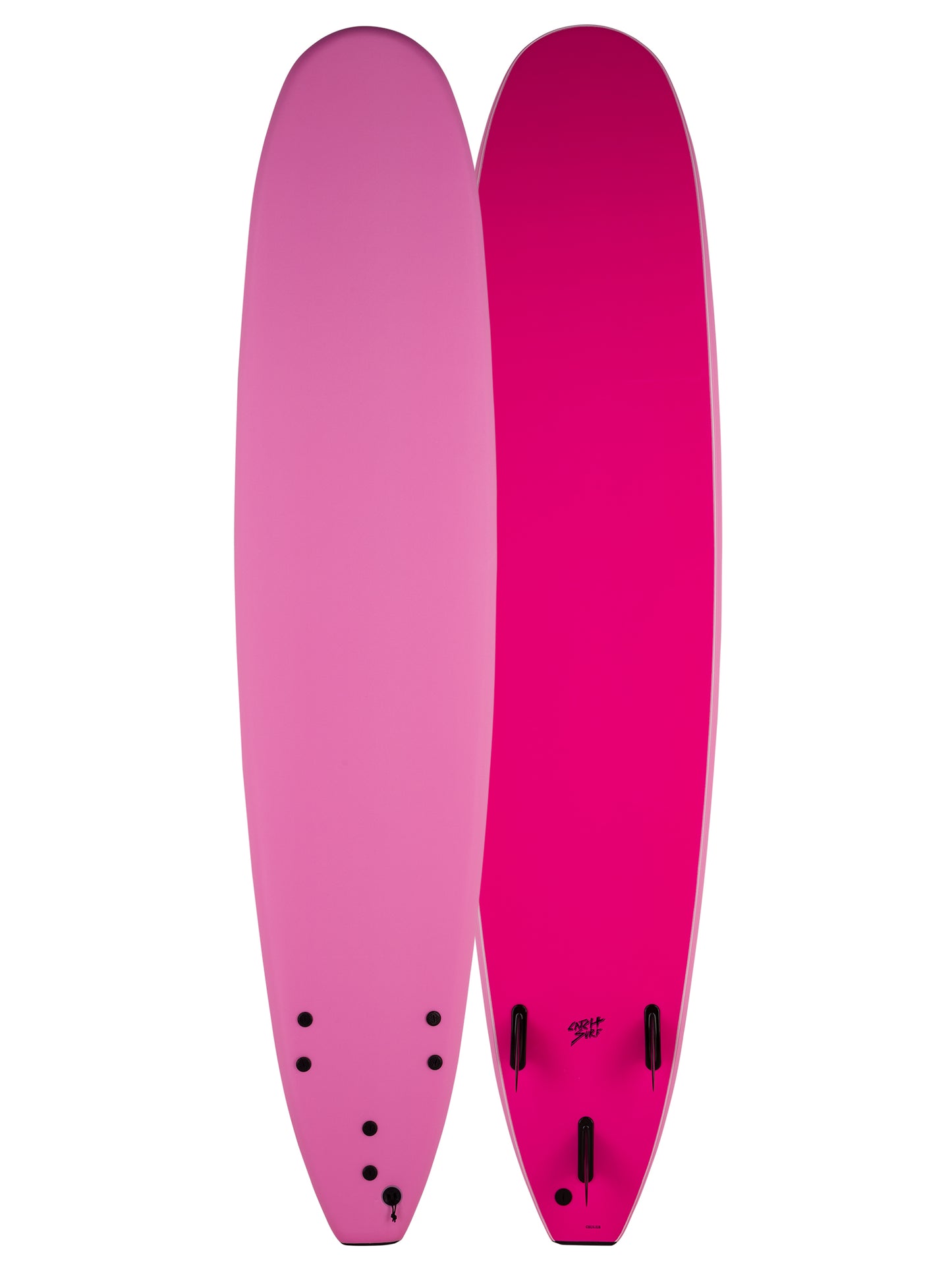 Two pink surfboards with black hardware 