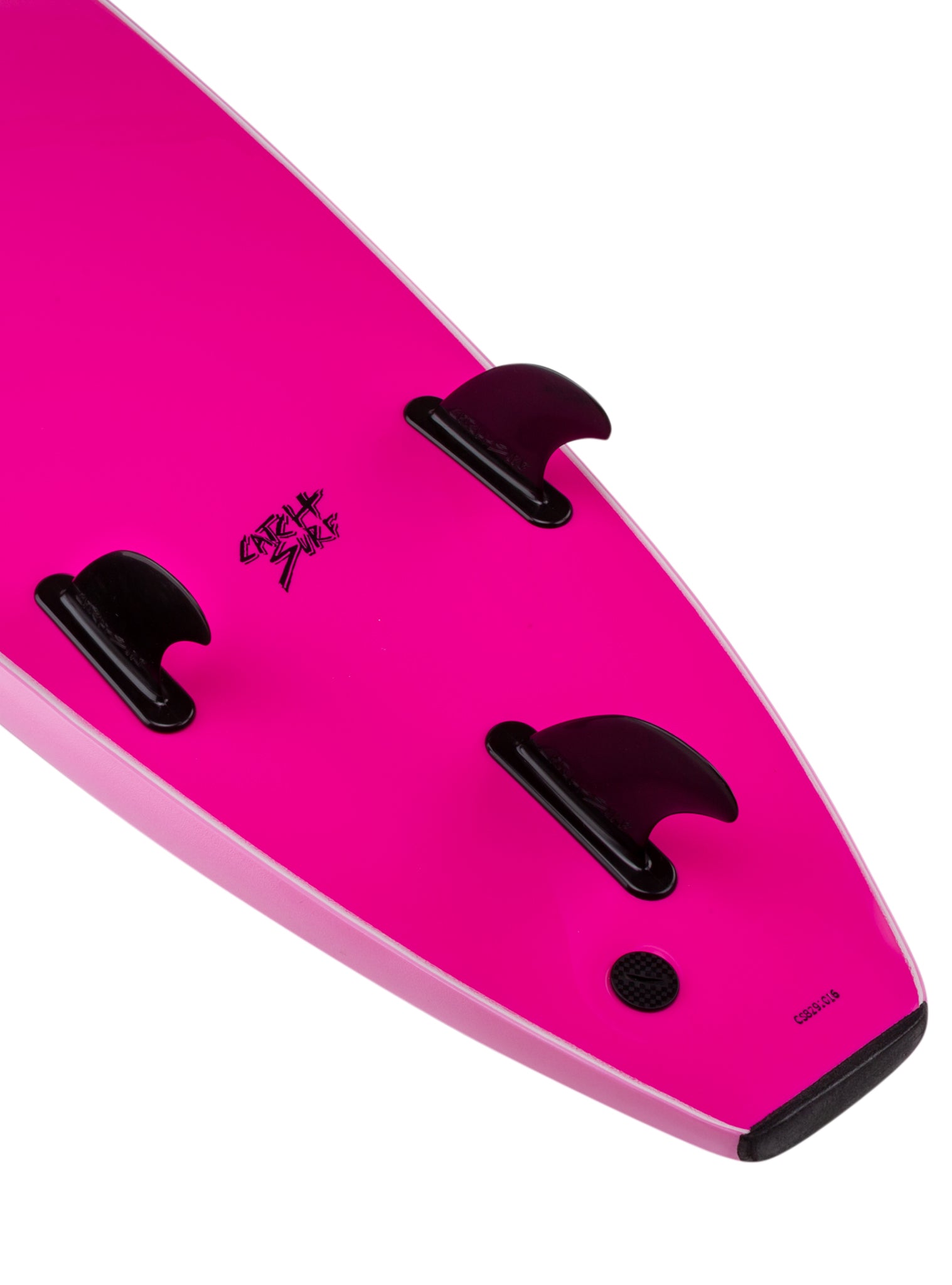 Pink bodyboard with black fins on a white background