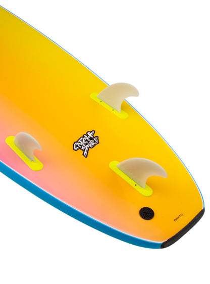 Colorful surfboard with fins on a white background