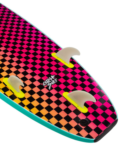 Colorful checkered surfboard with a brand logo