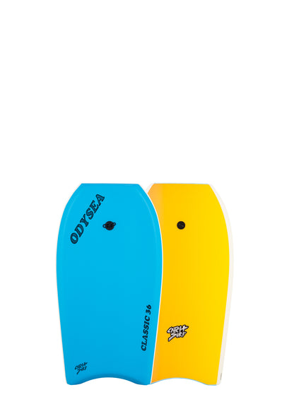 Blue and yellow bodyboard with Odysseas branding 