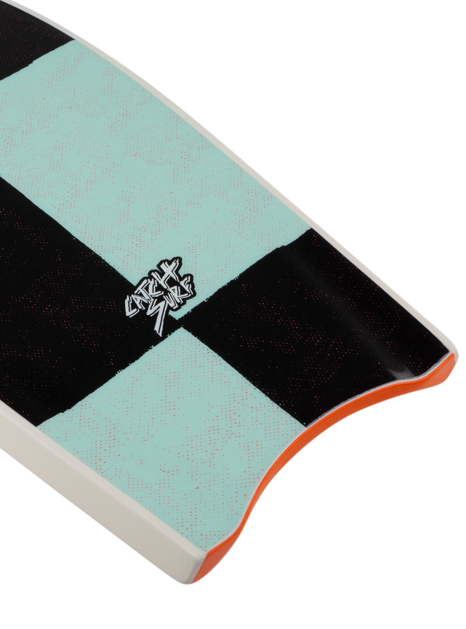 Close-up of a surfboard with black and white striped 