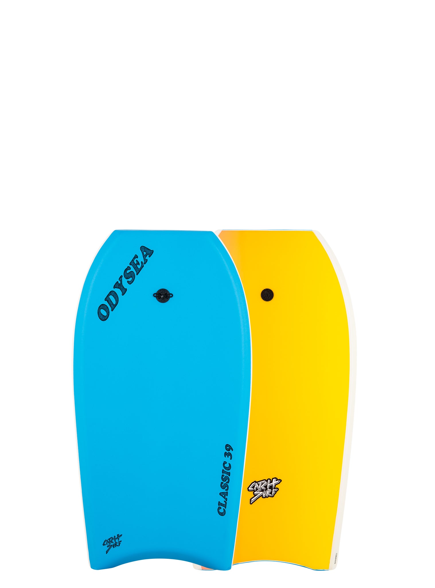 Blue and yellow bodyboard with 'Odyssey' branding 
