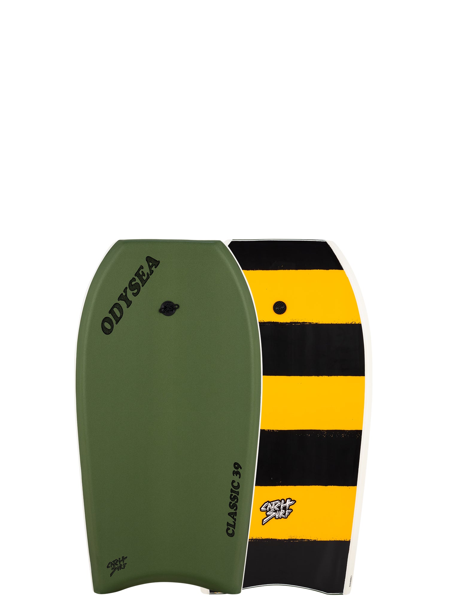 Green and yellow bodyboard with 'Odyssea' branding 