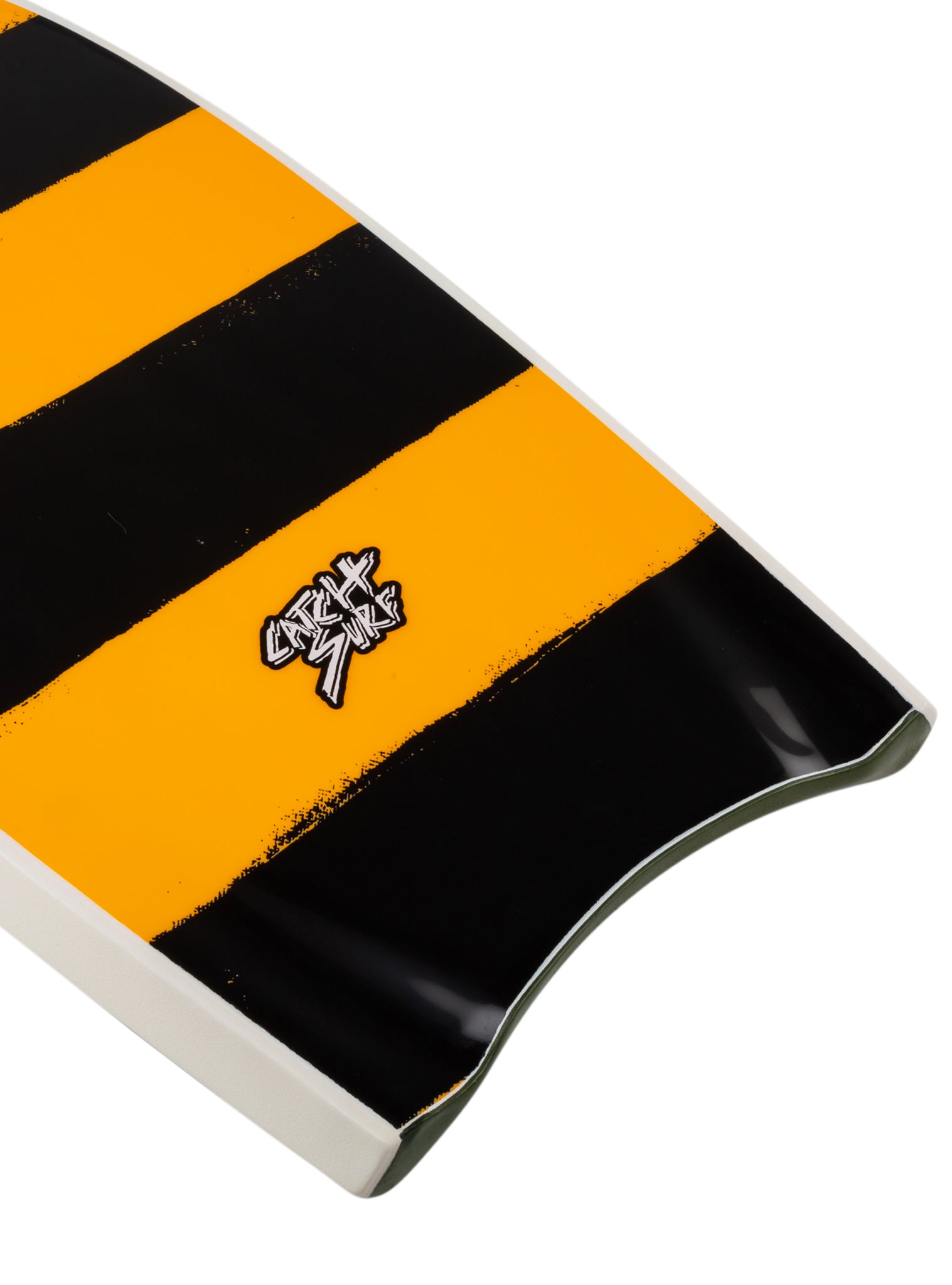 Black and orange striped object with a logo 