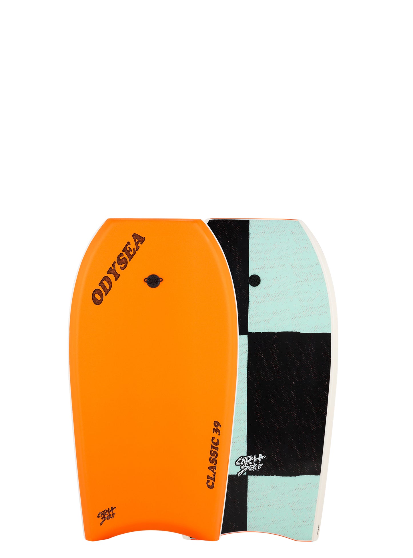 Bodyboard with orange, black, and light blue design