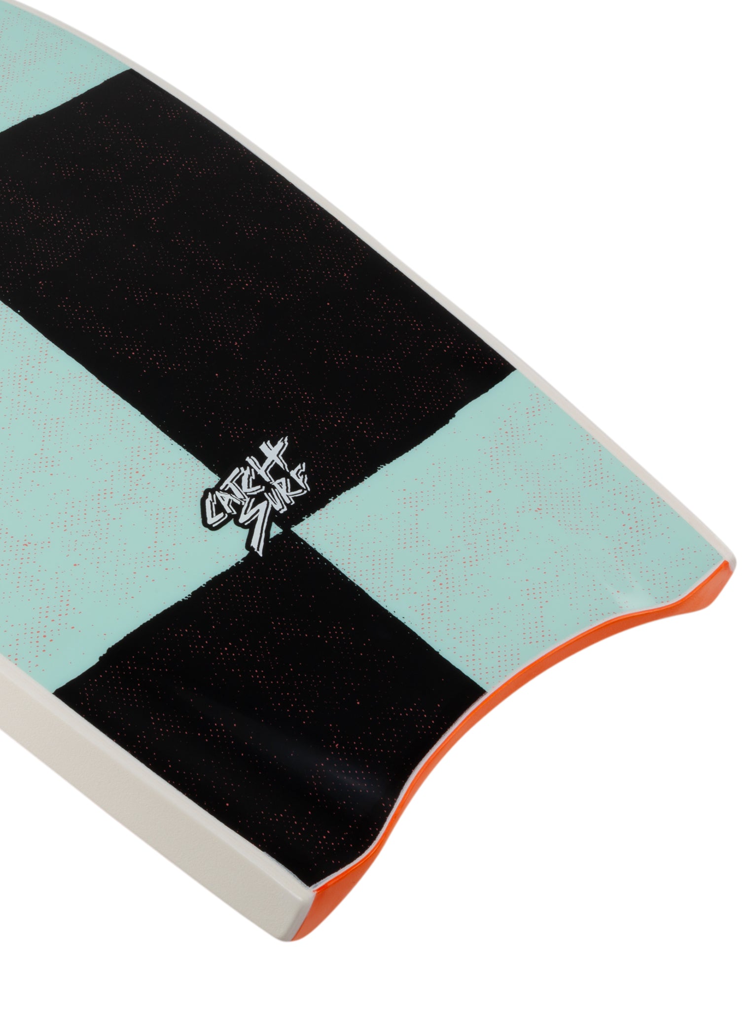 Close-up of a surfboard with a black and light blue striped 