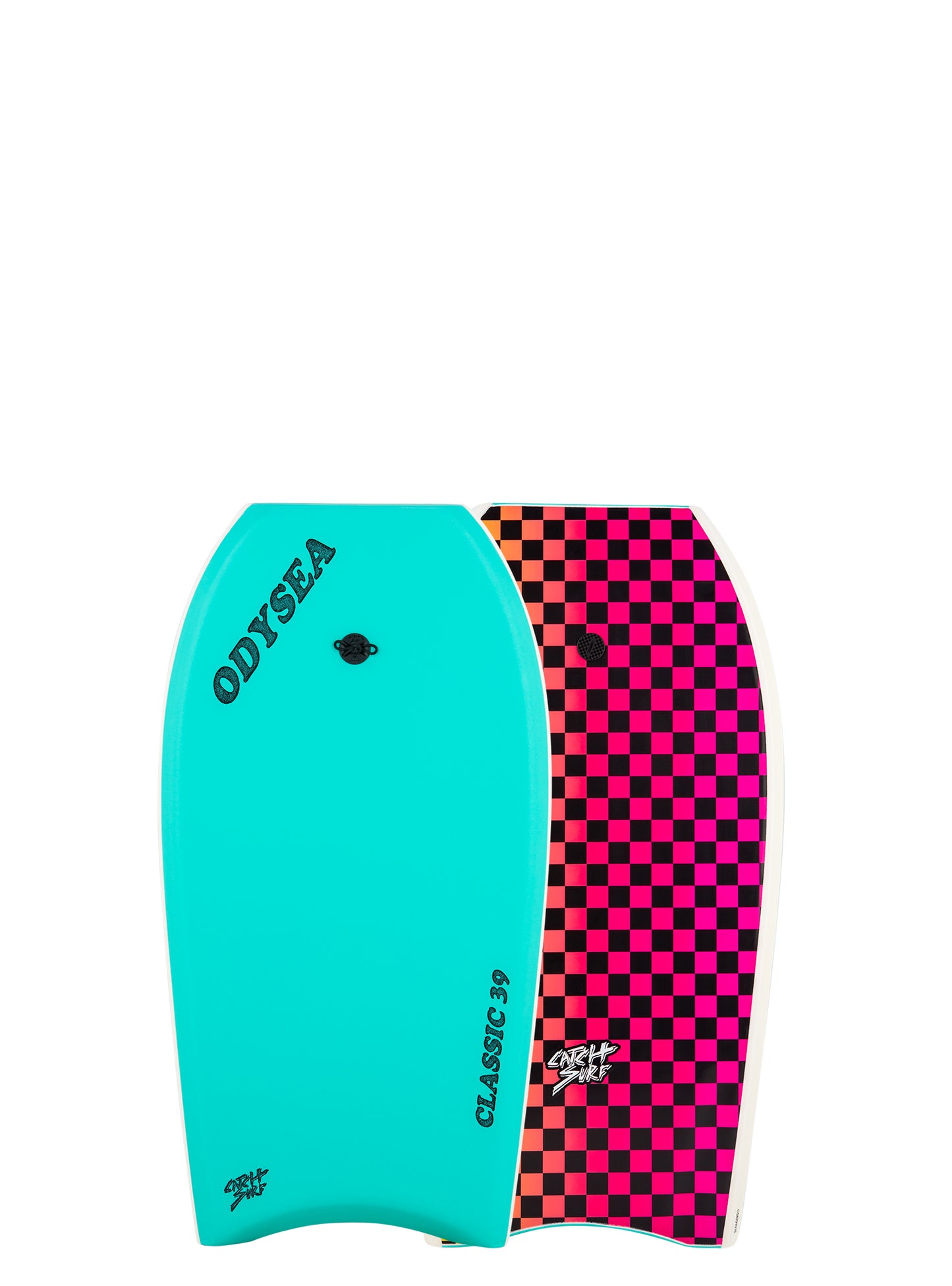 Teal and pink checkered bodyboard 