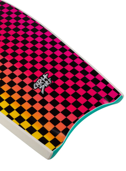 Colorful checkered object with a logo 