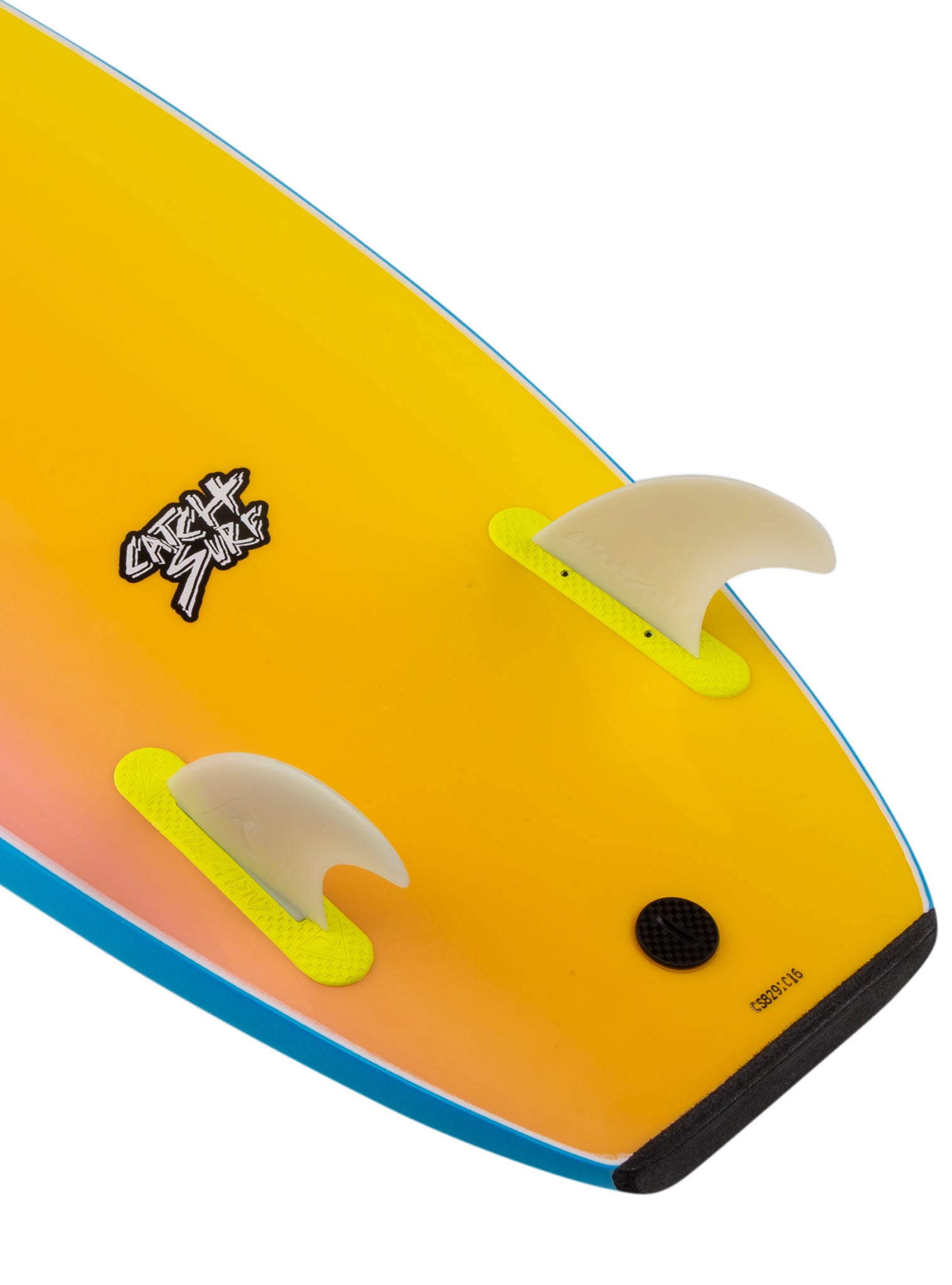 Close-up of a yellow and orange surfboard