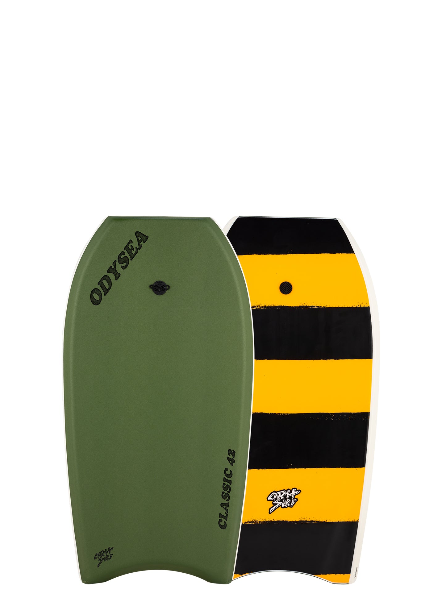 Green and yellow striped bodyboard with 'ODYSEA' branding 