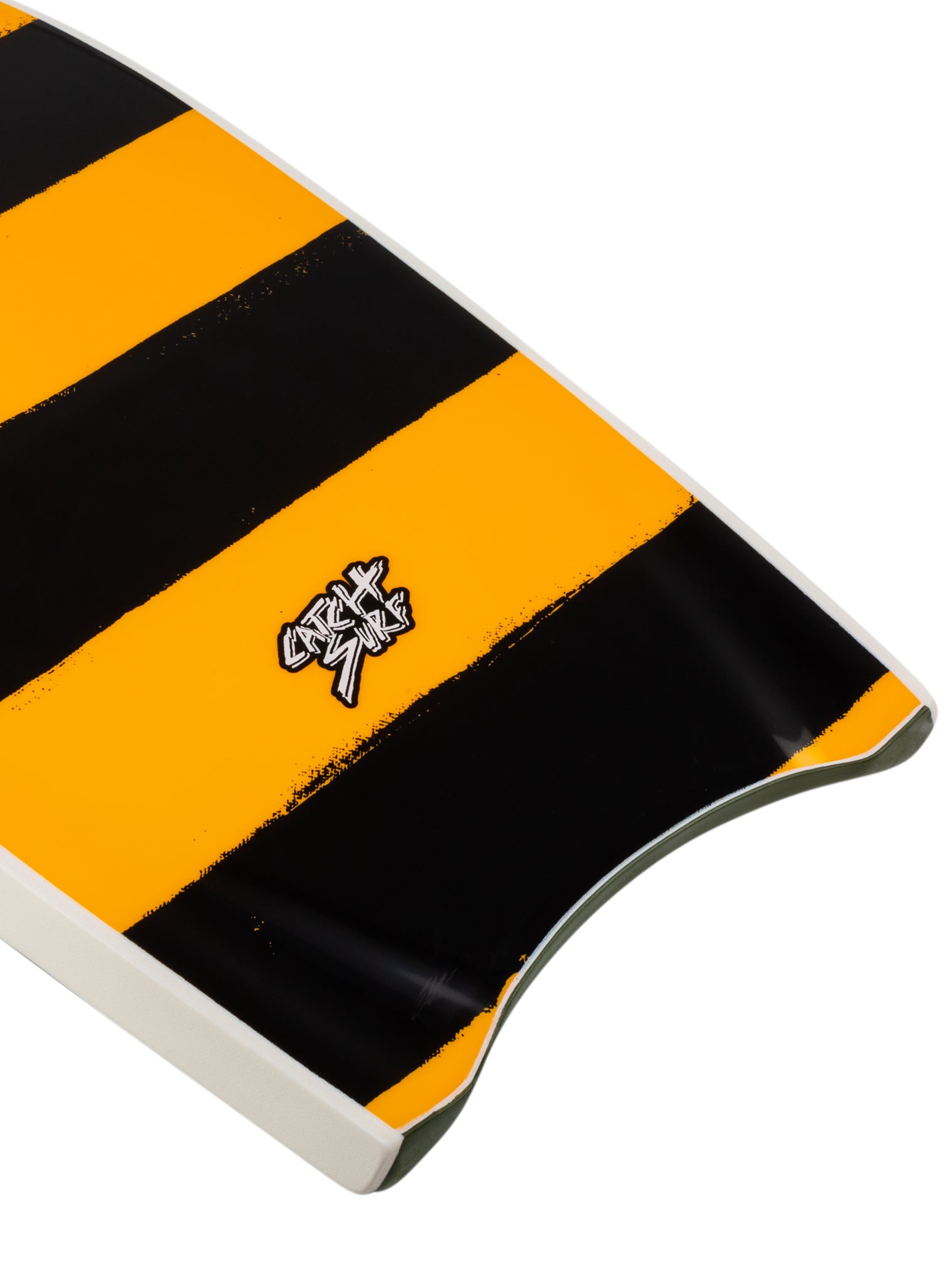 Black and yellow striped object with a logo