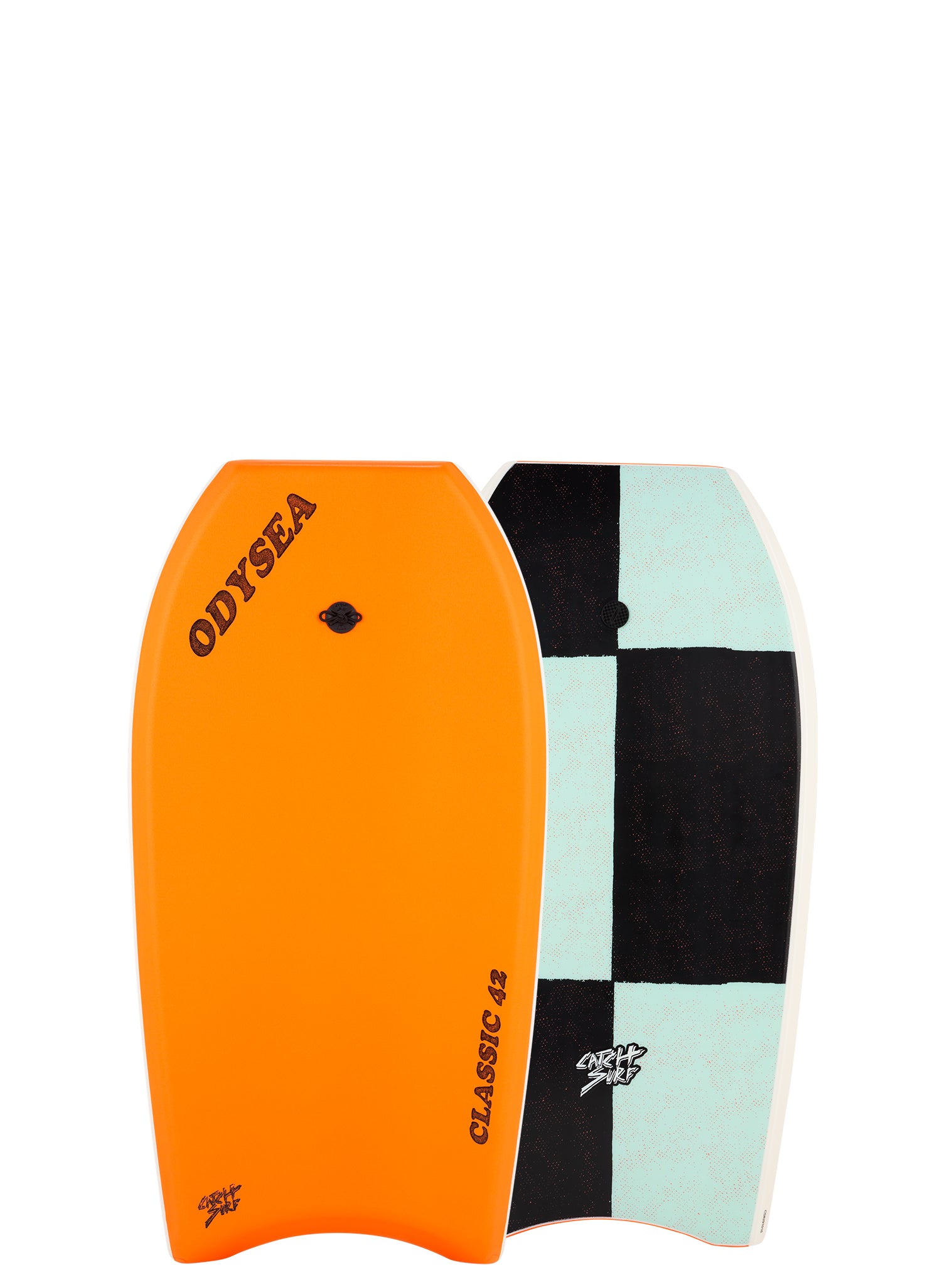 Bodyboard with orange, black, and light blue checkered pattern 
