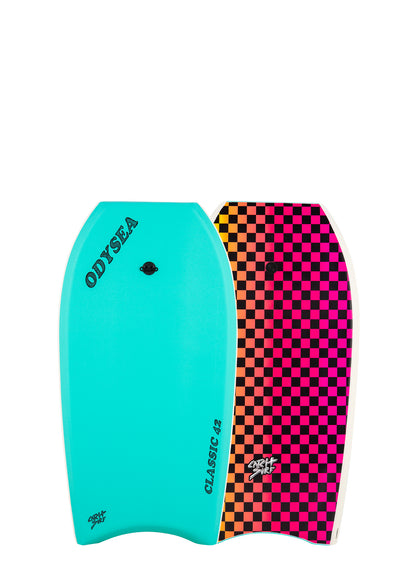 Two bodyboards, one turquoise and one checkered, on a white background