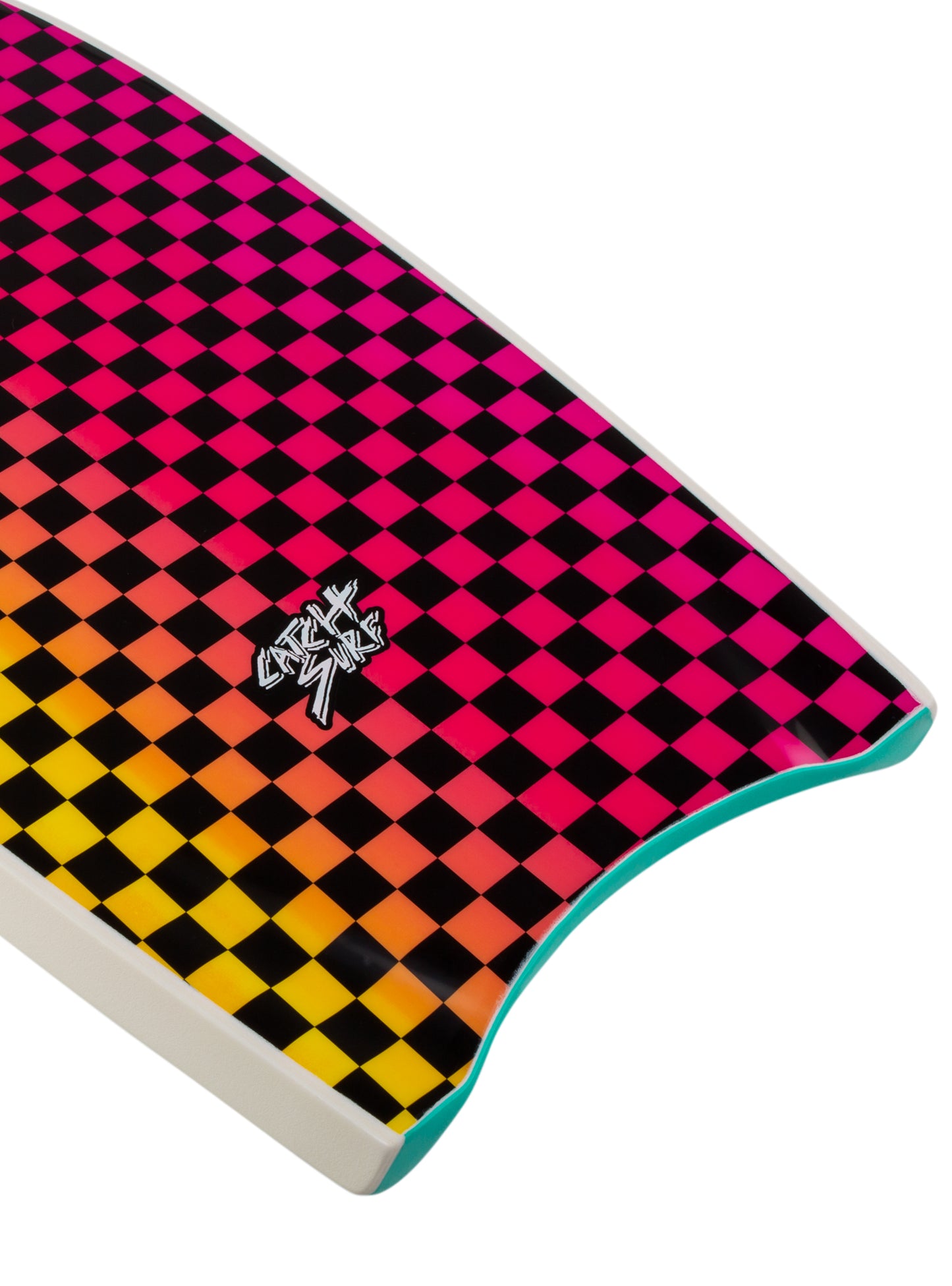 Colorful checkered surfboard fin with a logo 