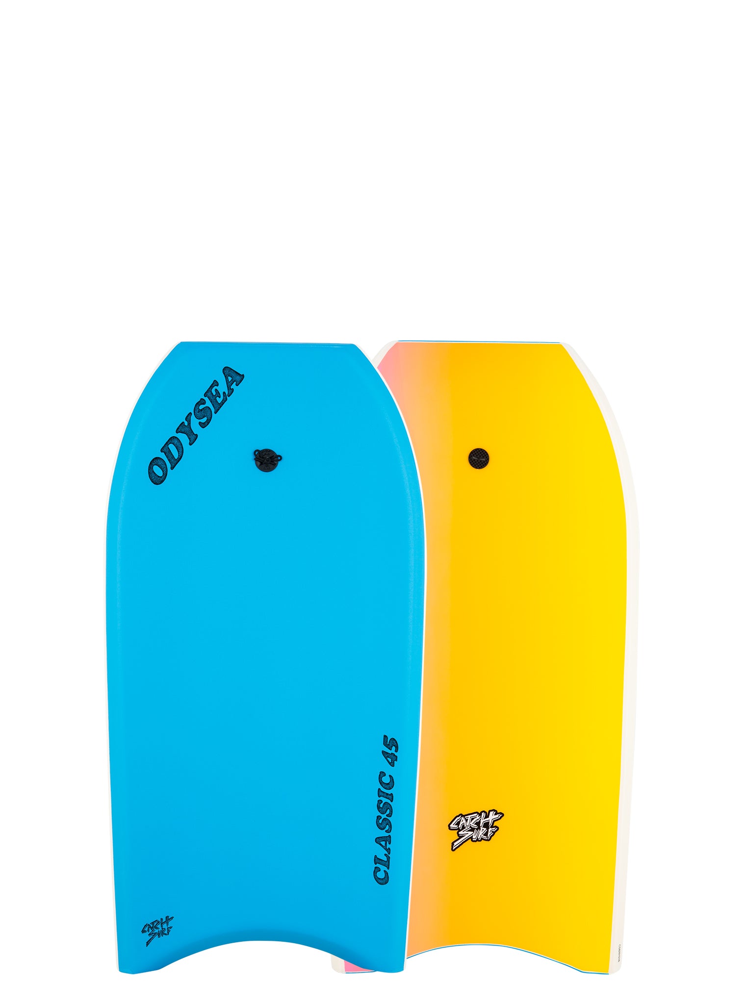 Blue and yellow bodyboard fins with Odysea branding 