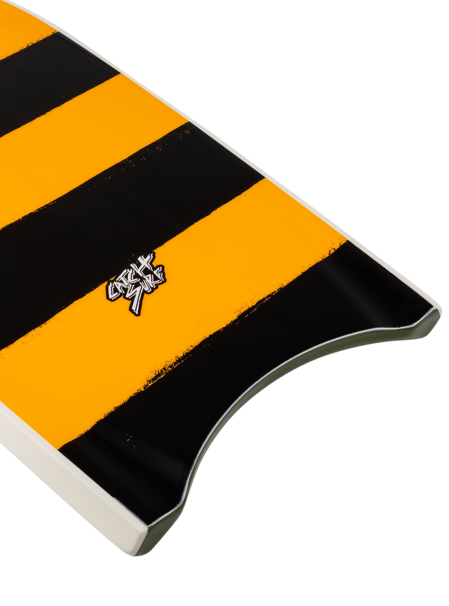 Black and orange striped object with a logo 
