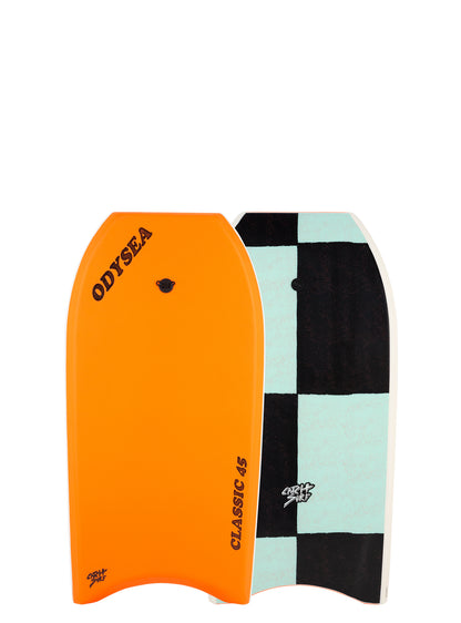 Orange and checkered bodyboard