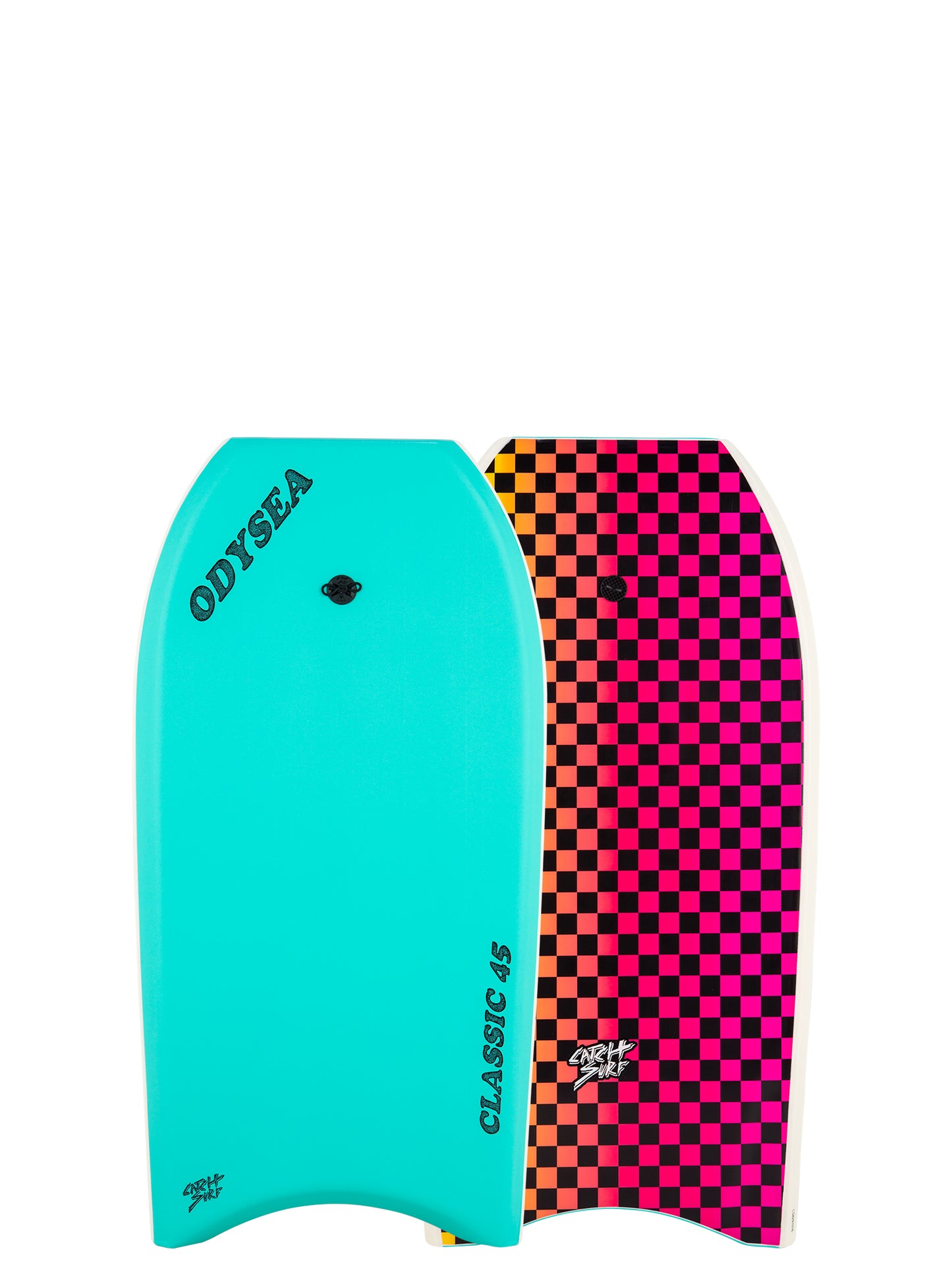 Two bodyboard fins, one turquoise and one checkered pink