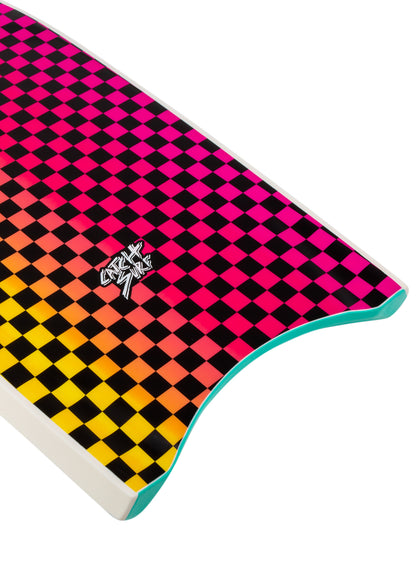 Colorful checkered mat with a brand logo