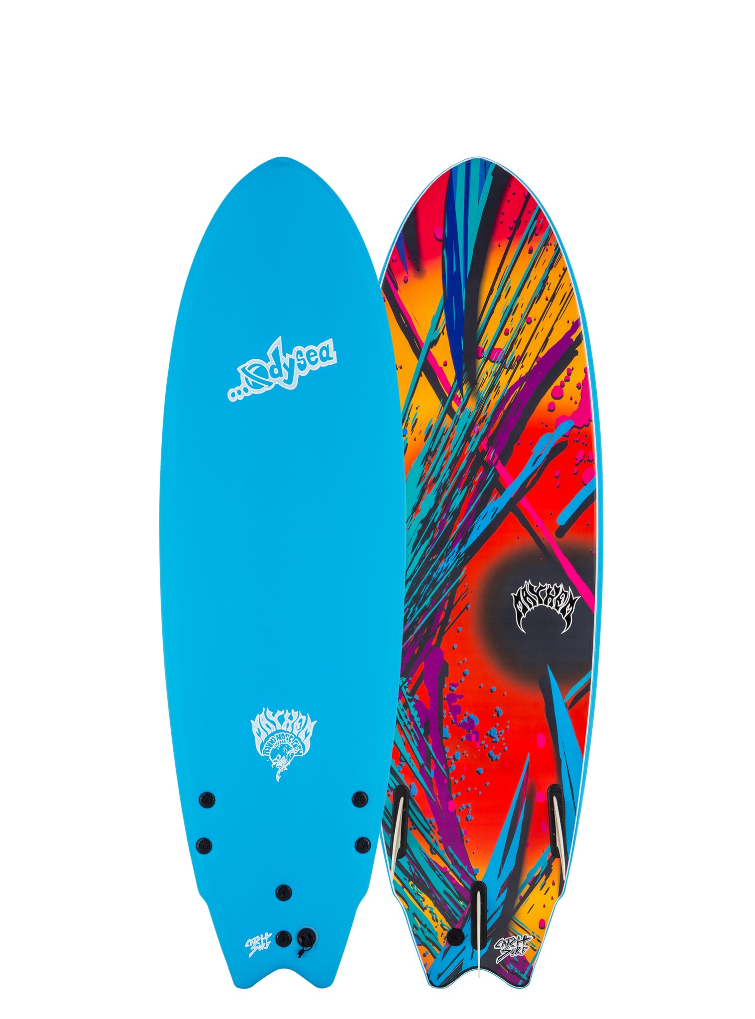 Two surfboards, one blue and one multicolored with abstract design, on a white background.