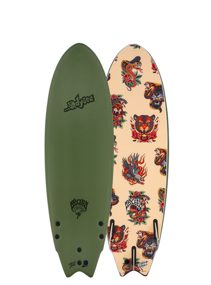 Two surfboards, one green and one with tattoo design, on a white background