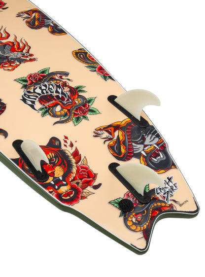 Skateboard deck with colorful tattoo-style graphics on a white background