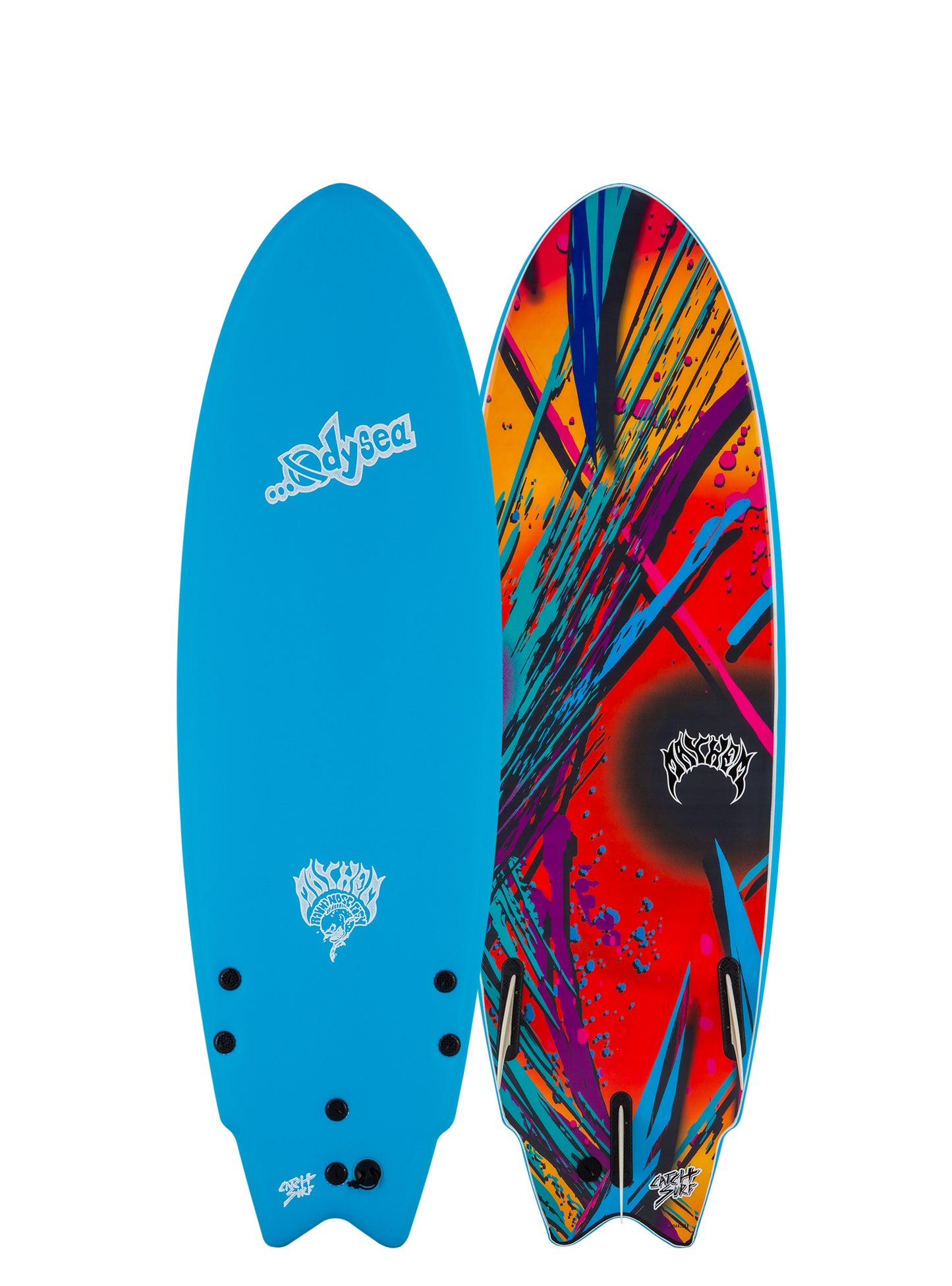 Two surfboards, one blue and one multicolored with abstract design, on a white background.