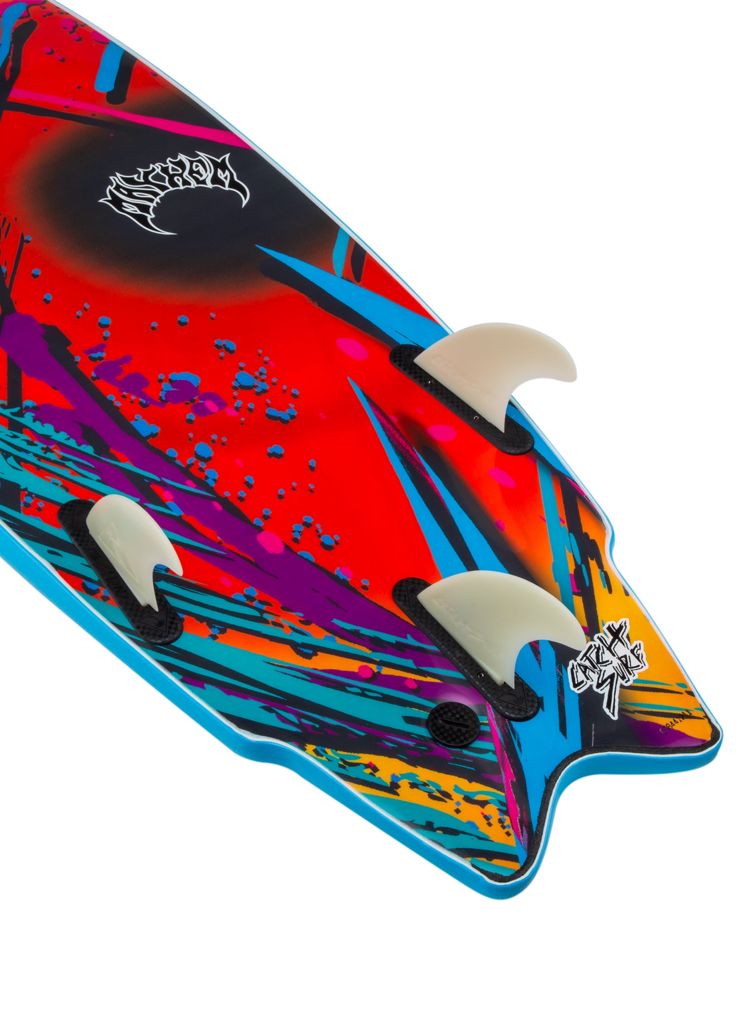 Colorful wakeboard with abstract design and brand logo on a white background