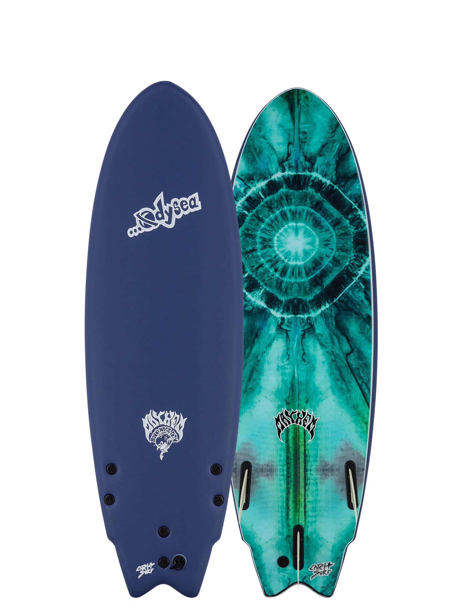 Blue and green surfboard with tie-dye design on a white background